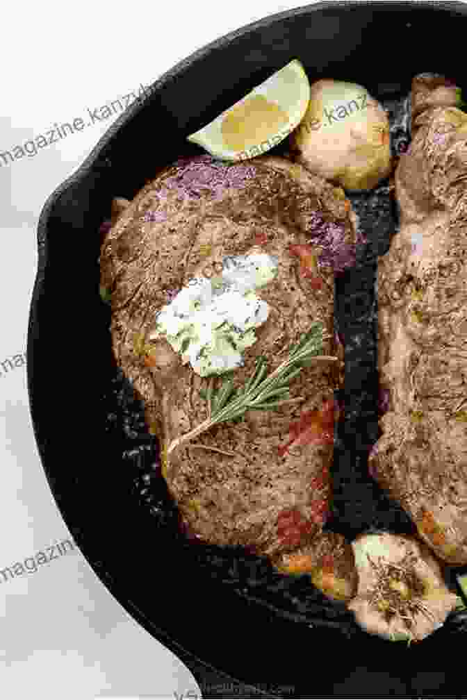 A Mouthwatering Pan Seared Ribeye Steak Sizzling On A Cast Iron Skillet. Carnivore Diet Cookbook: 100 Recipes For Preparing Mouthwatering Dishes