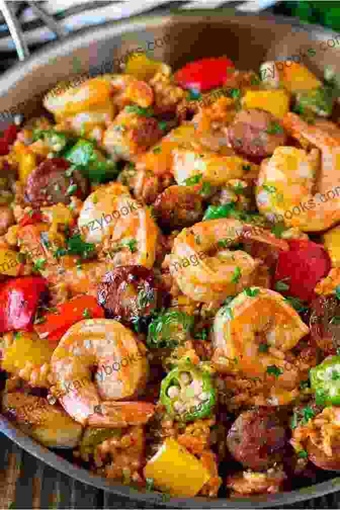 A Vibrant Platter Of Jambalaya With Rice, Shrimp, And Vegetables. Creole Food: Elegant Creole Food Cuisine: Easy Recipes